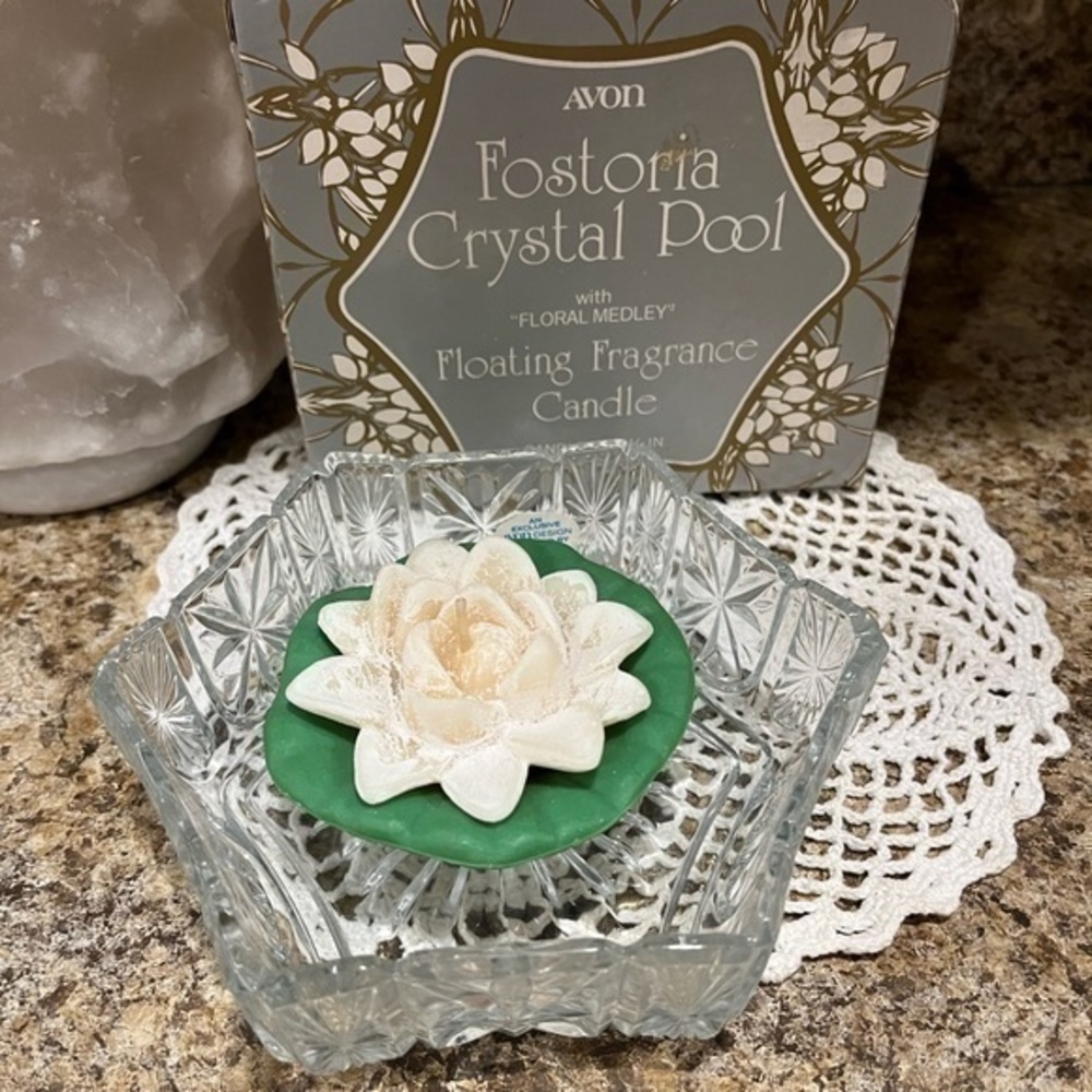 Vintage Avon Fostoria Crystal Pool Dish and Floating Fragrance Candle